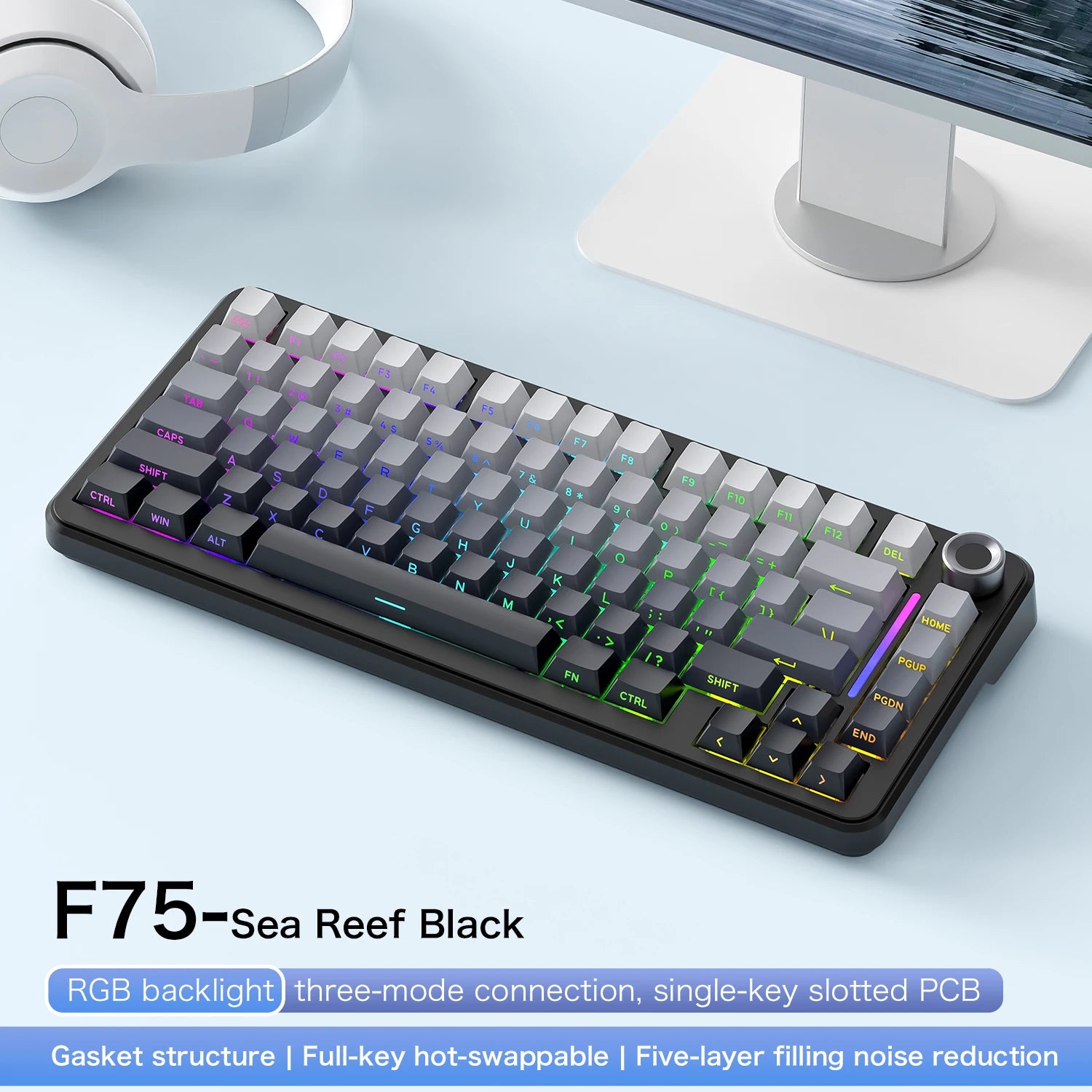F75 Gaming Mechanical Keyboard, 2.4G Wireless/Bluetooth/Wired ,RGB Customized, Gasket Structure,Windows/Macos/Linux