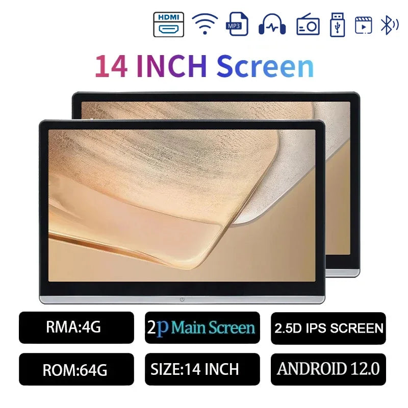 13.3/14" Car Headrest Monitor Display IPS Android 12 2G+32G/4G+64G/8G+128G Touch Screen For Car Rear Seat Player Dual HDMI Music
