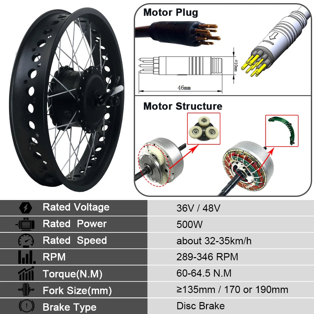 Fat Electric Bike 36V 48V 500W 750W Electric Fat tire Snow Bike Front Rear Wheel Hub Motor 4.0Tyre  20in 24in 26in