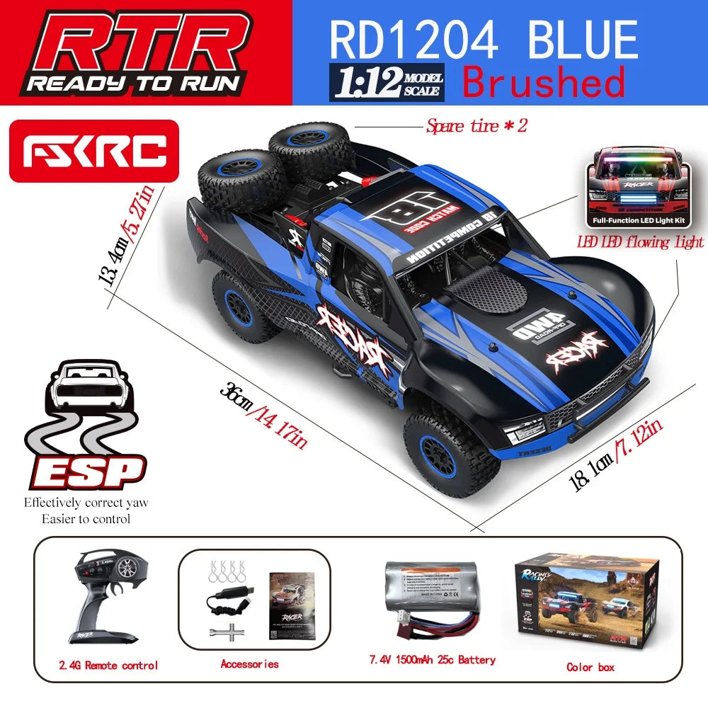 Hb-Rd1201-1204 1:12 Scale 4WD High-Speed Remote Control Car with LED Light 2.4GHz Frequency 45km/h RC Short Truck Toy Model