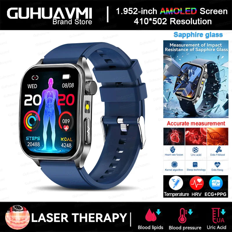 Smart Watch 650nm Dual probe laser health conditioning Blood oxygen Pressure Uric Acid Blood lipid ECG Smartwatch for Man Women