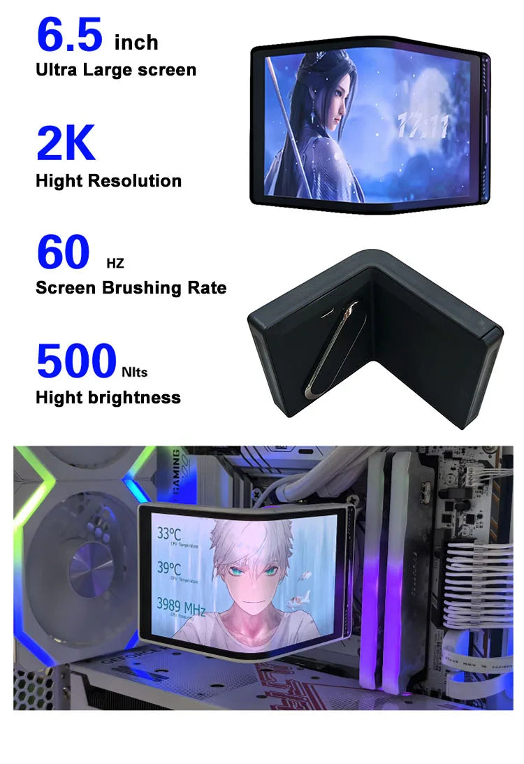 6.5 Inch AMOLED Flexible Display 360 Water Cooled Curved Screen Chassis Monitoring Secondary Monitor 3D Video 2k Bendable