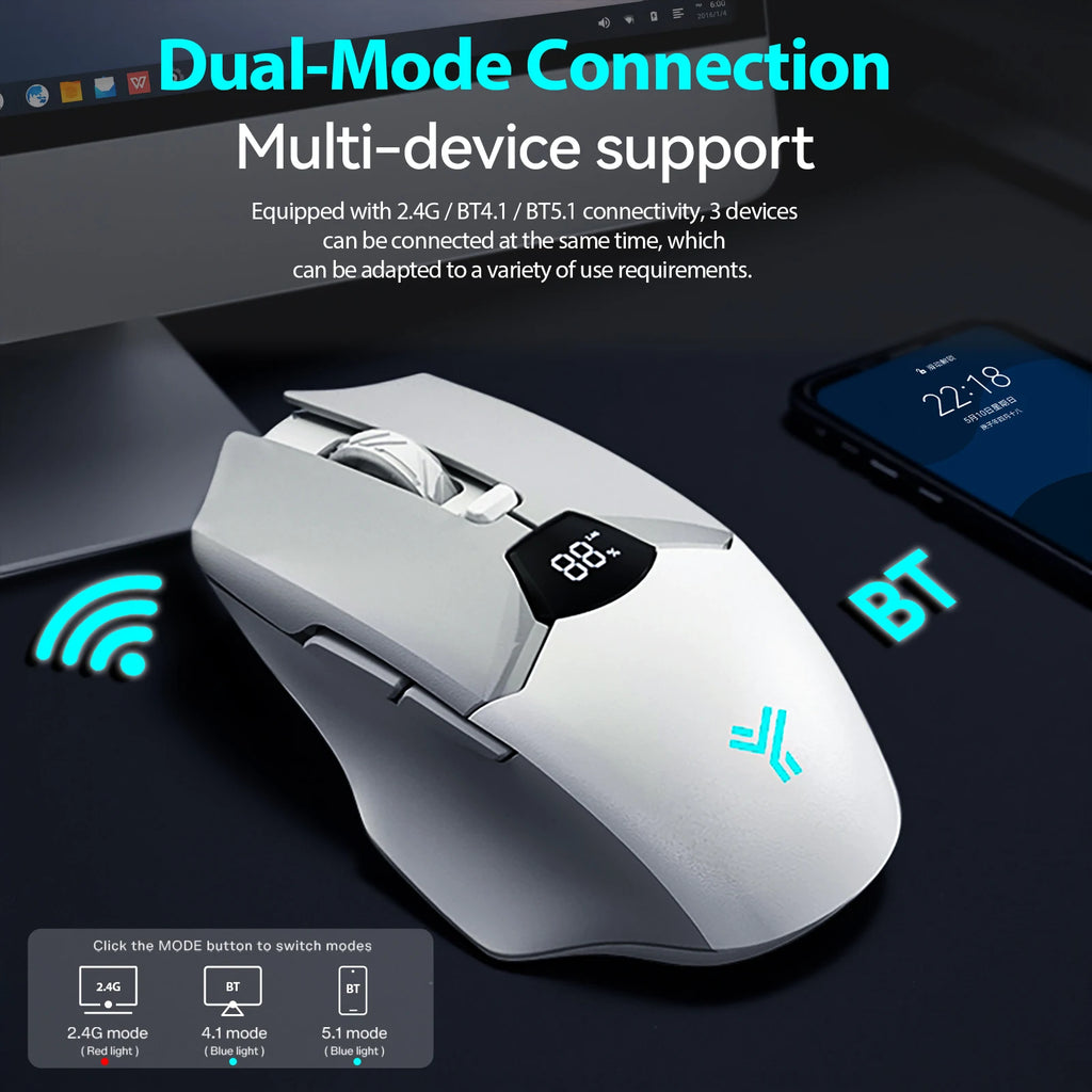 Wireless Mouse 2.4G & Bluetooth, 6-Level DPI (800 to 6400), 600mAh Battery, Ergonomic Design for PC/Laptop, Black & Grey White