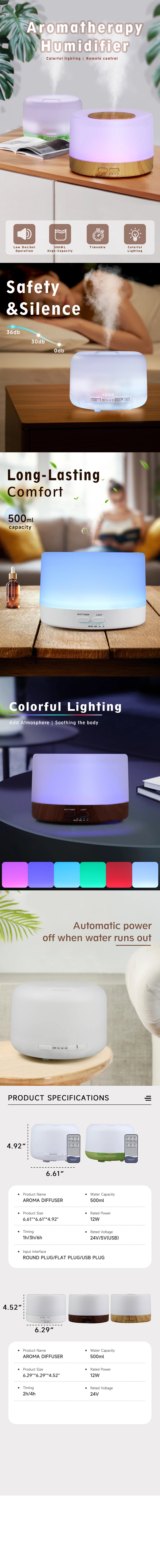 500ml Essential Oil Diffuser Quiet Aroma Mist Diffusers Scent Diffuser Wood Grain Remote Control Ultrasonic Air Humidifier