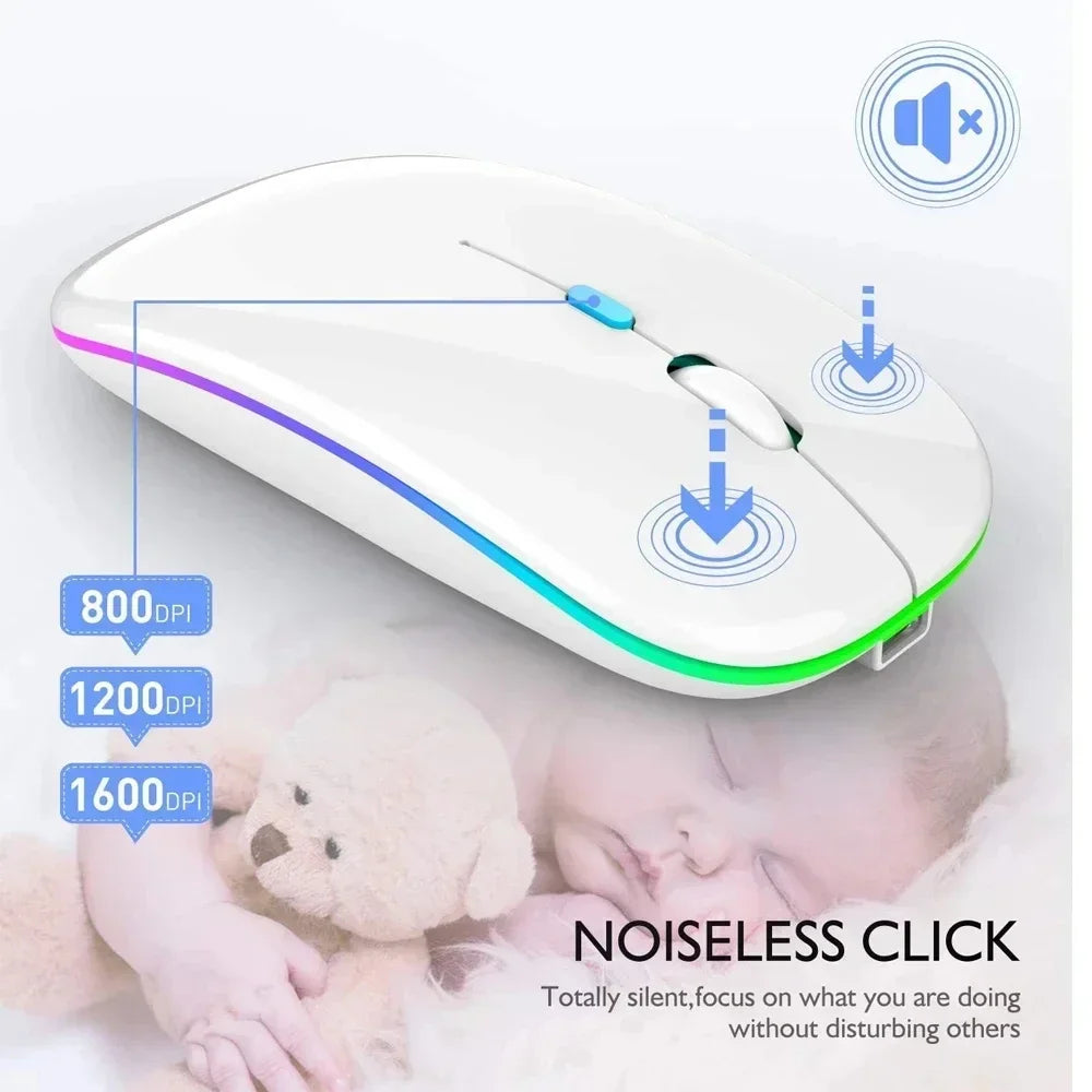 Rechargeable Wireless Mouse: Silent, LED Backlit, 2.4GHz Receiver + Bluetooth Dual Mode, Optical Mice for PC, Laptop & Computer