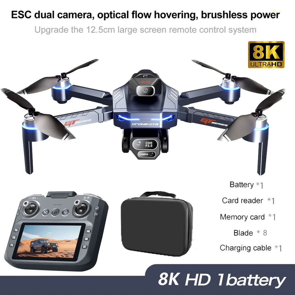 NEW GT8 Drone Obstacle Avoidance Belt 4.3-inch Screen Brushless 2.4G Optical Flow 8K HD Dual Camera Foldable Quadcopter Aircraft