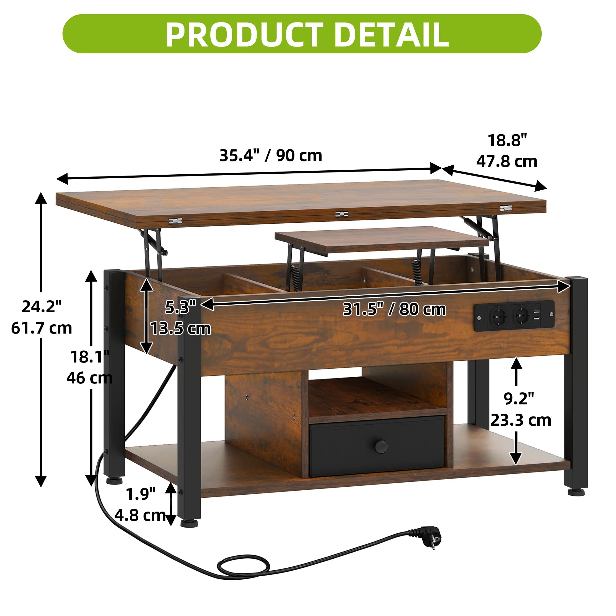 YITAHOME Vintage Brown 4-in-1 Coffee Table - Adjustable Height, Converts to Dining Table with Storage & LED Lighting