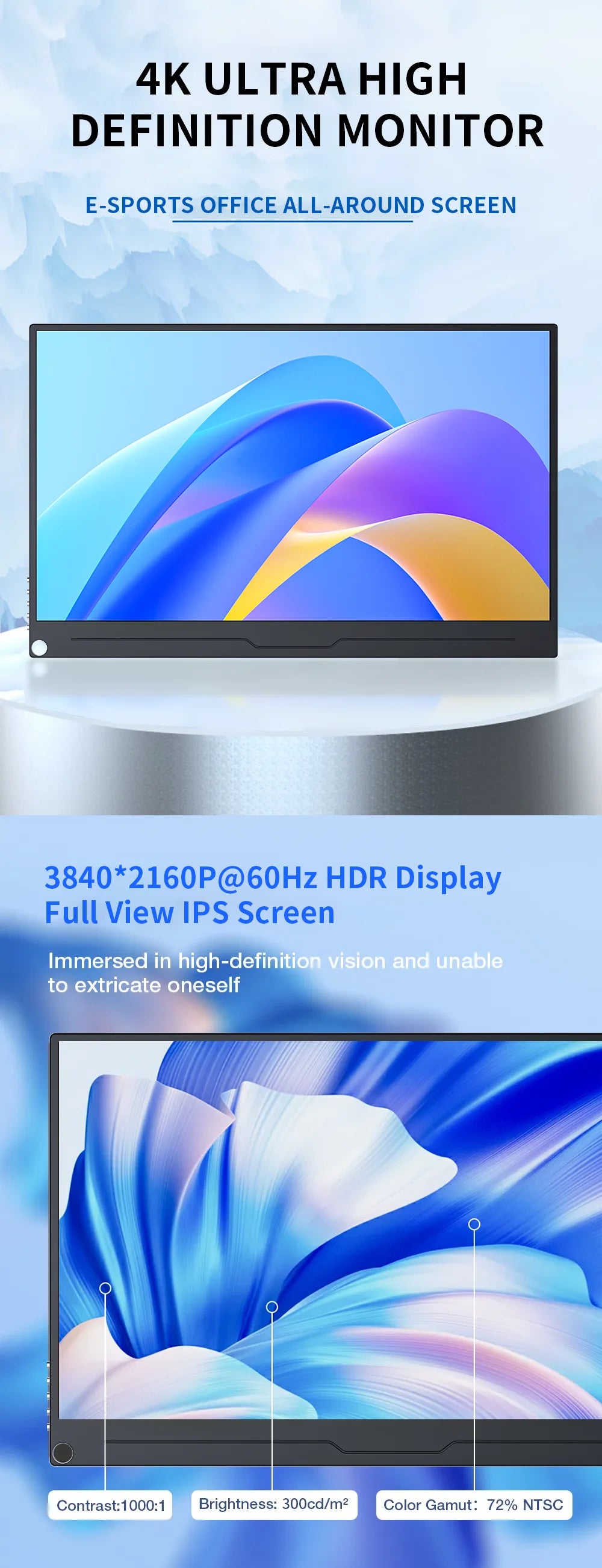 15.6 inch Portable Gaming Monitor 3840X2160 Ultra-Thin 4K IPS Screen for PC Laptop External Display with for Xbox Switch PS 4 5