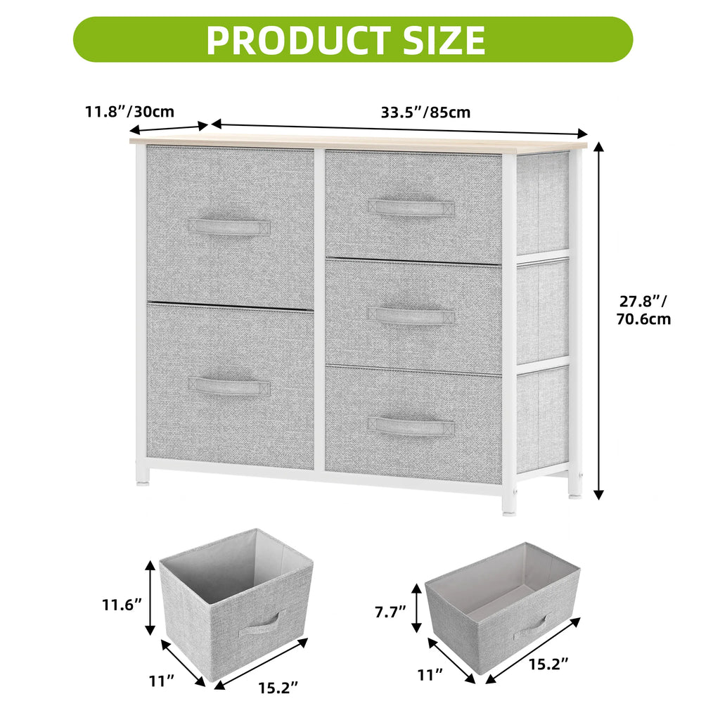 YITAHOME 5-Drawer Fabric Dresser - Steel Frame & Wood Top w/Easy-Pull Bins, for Bedroom, Living Room, Nursery (Cool Gray)