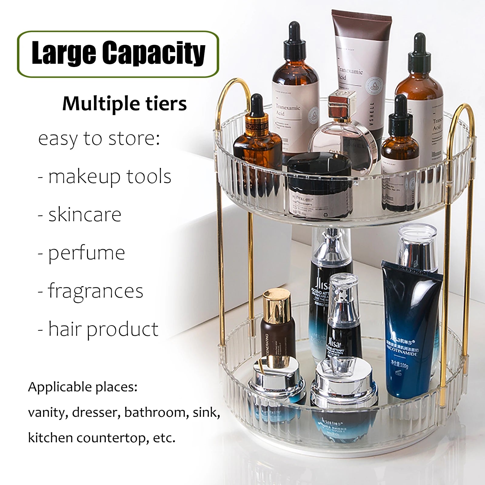 Rotating Makeup Organizer for Vanity, High-Capacity Skincare Storage Perfume Cosmetic Dresser Organizer Countertop 360 Spinning