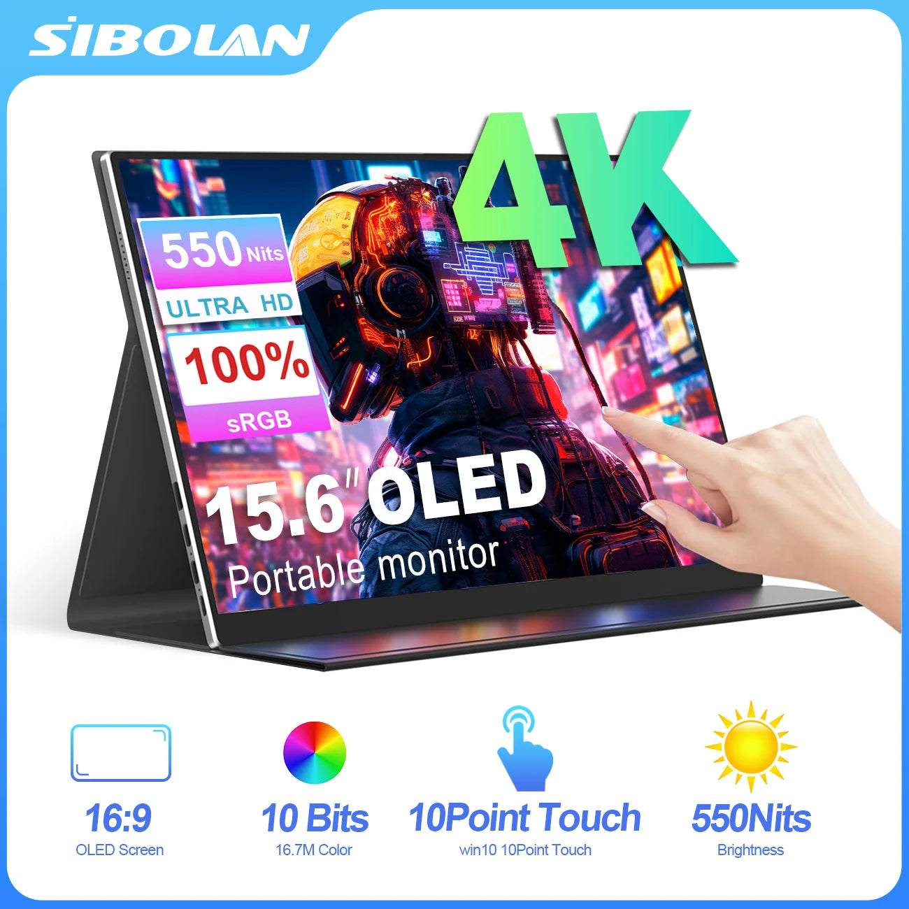 SIBOLAN 15.6" 4K OLED Portable Monitor UHD Matte Metal External Screen with 100% sRGB USB C HDMI for Phone,Laptop,Mini PC,PS4/5