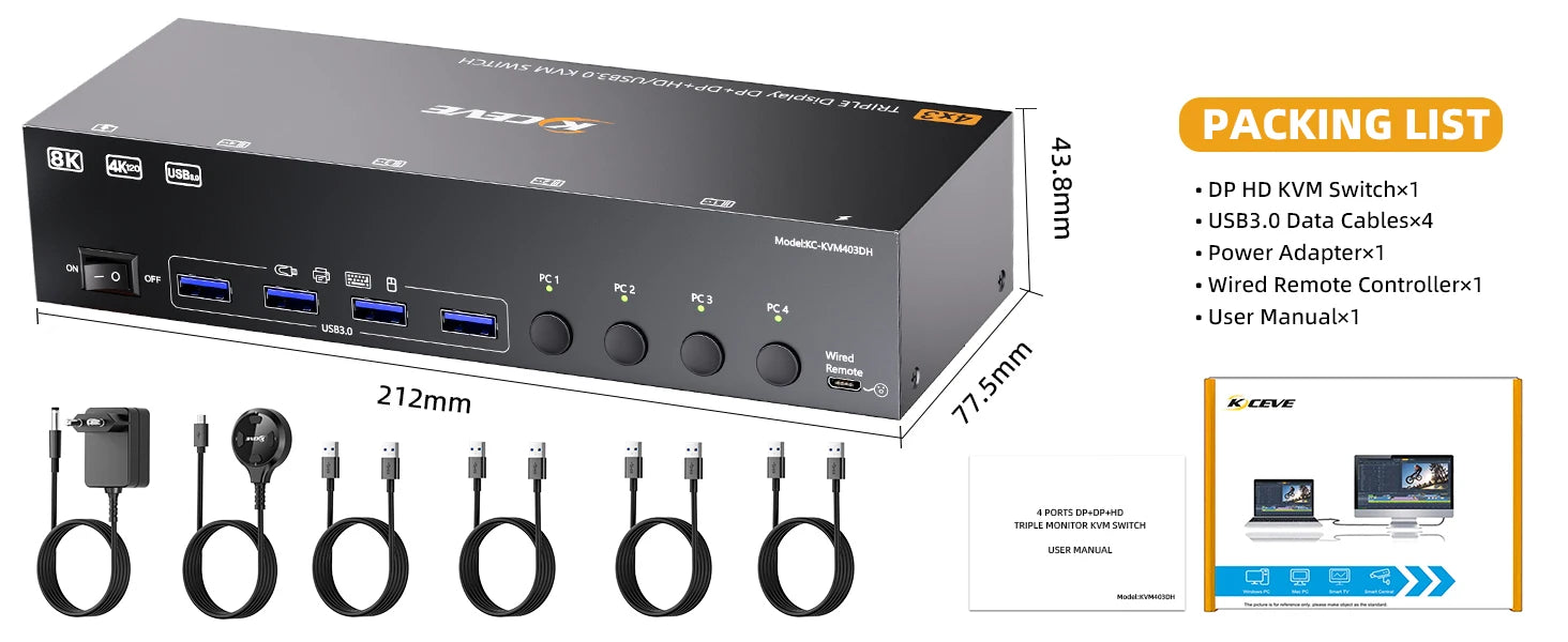KVM Switch 3 Monitors 4 Computers 4K@60Hz 4K144Hz 8K260Hz,USB 3.0 HDMI Displayport KVM Switch Triple Monitor for Keyboard Mouse