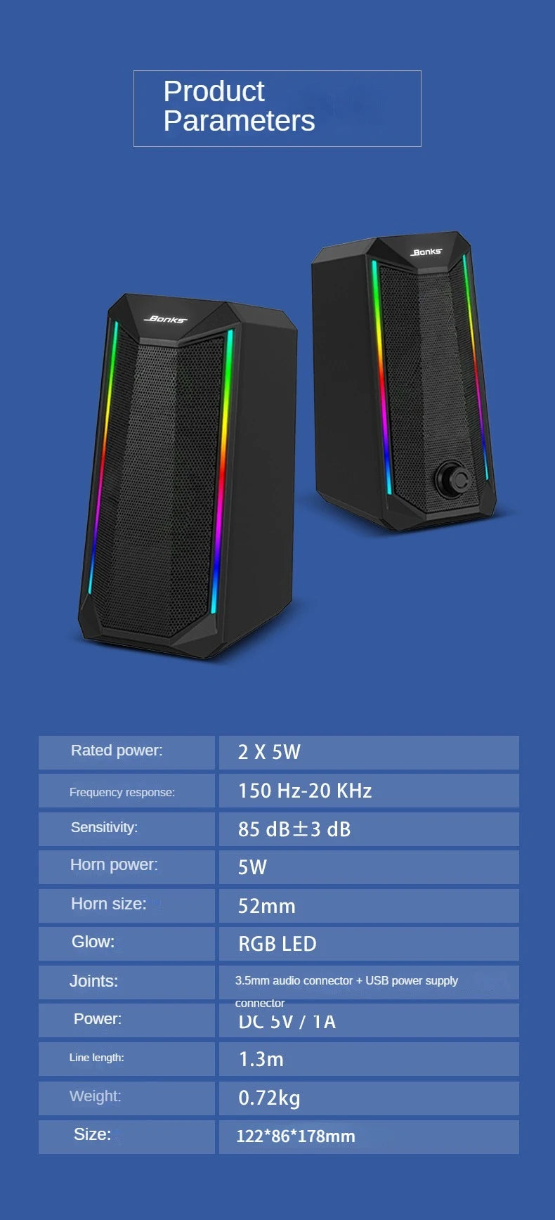 Desktop Speakers, 2.0 Channel PC Computer HiFi Stereo Gaming Speaker with Colorful LED Light Modes, Enhanced Bass and Easy-Acces