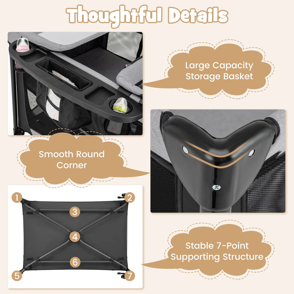5-in-1 Side Bed with Wheels, Foldable Travel Cot with Mattress, 2 Levels Cot with Changing Mat & Storage Basket