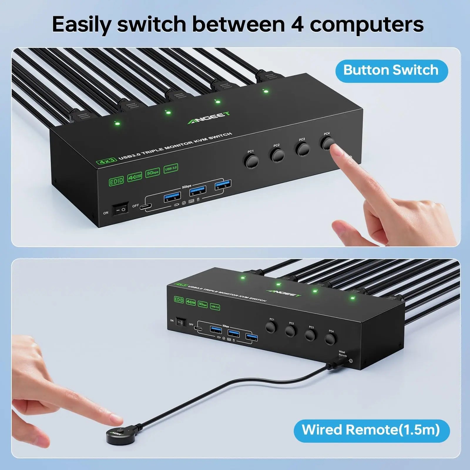 KVM Switch 3 Monitors 4 Computers 4K@60Hz 4K144Hz 8K260Hz,USB 3.0 HDMI Displayport KVM Switch Triple Monitor for Keyboard Mouse