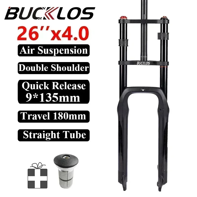 BUCKLOS Snow Fat Bike Fork 20*4.0 Inch / 26*4.0 Inch Air Suspension Fork Travel 180mm Double Shoulder E-Bike Fork Bicycle Parts