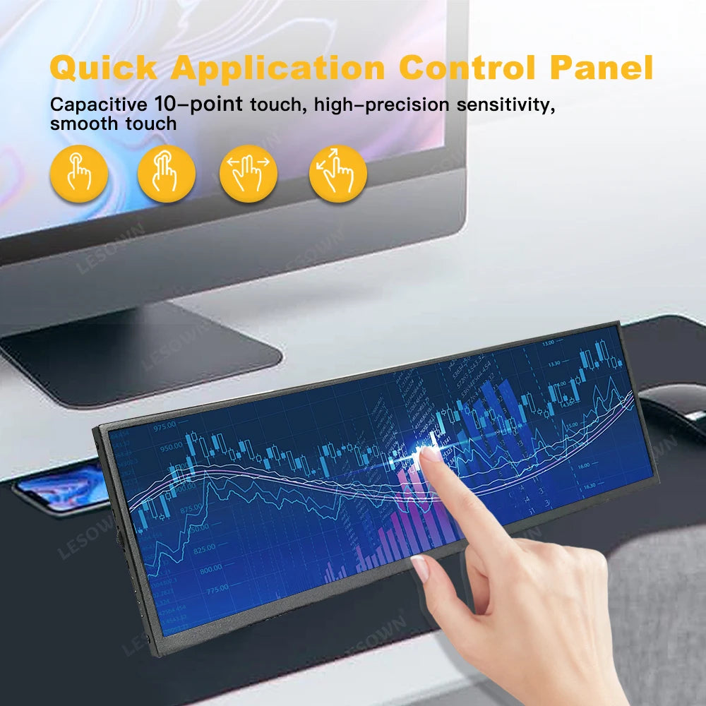 LESOWN Long Bar 12.7 12.6 inch Monitor 120Hz 2880x864 IPS Touch HDMI Type C Sensor Panel LCD Data Ancillary Screen Temp Display