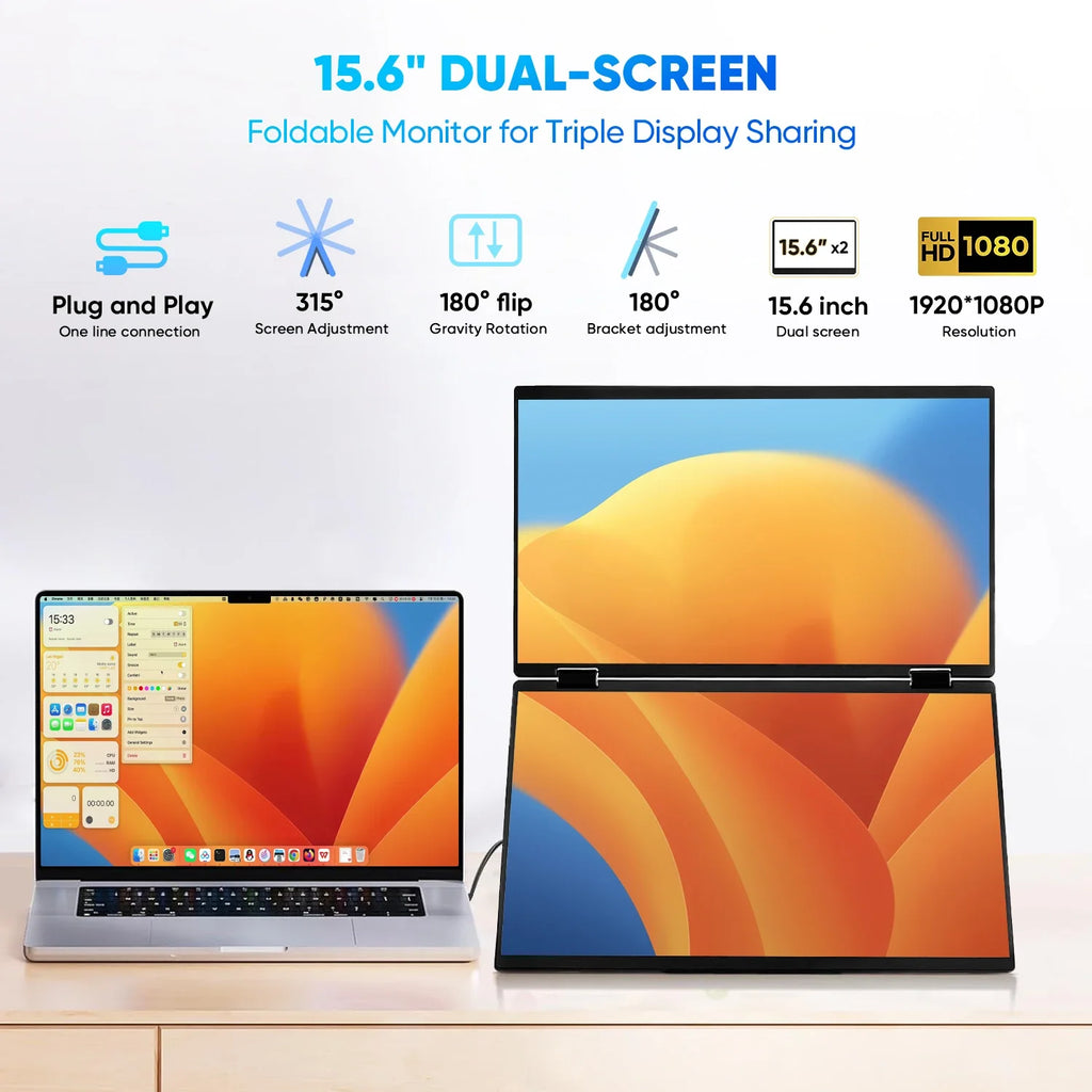 15.6 Inch FHD Dual Screen Extend LCD 1080P Monitor Portable Foldable Laptop Smart Gaming Triple Screen Display Computer Monitor