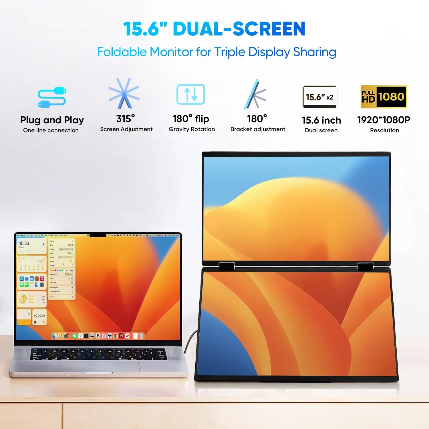 15.6 Inch FHD Dual Screen Extend LCD 1080P Monitor Portable Foldable Laptop Smart Gaming Triple Screen Display Computer Monitor