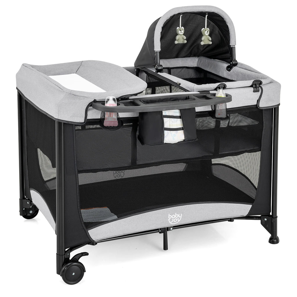 5-in-1 Side Bed with Wheels, Foldable Travel Cot with Mattress, 2 Levels Cot with Changing Mat & Storage Basket