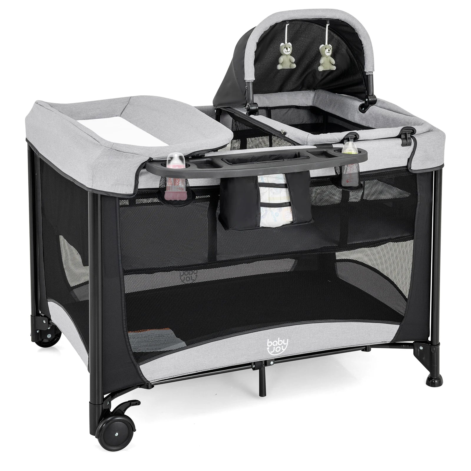 5-in-1 Side Bed with Wheels, Foldable Travel Cot with Mattress, 2 Levels Cot with Changing Mat & Storage Basket