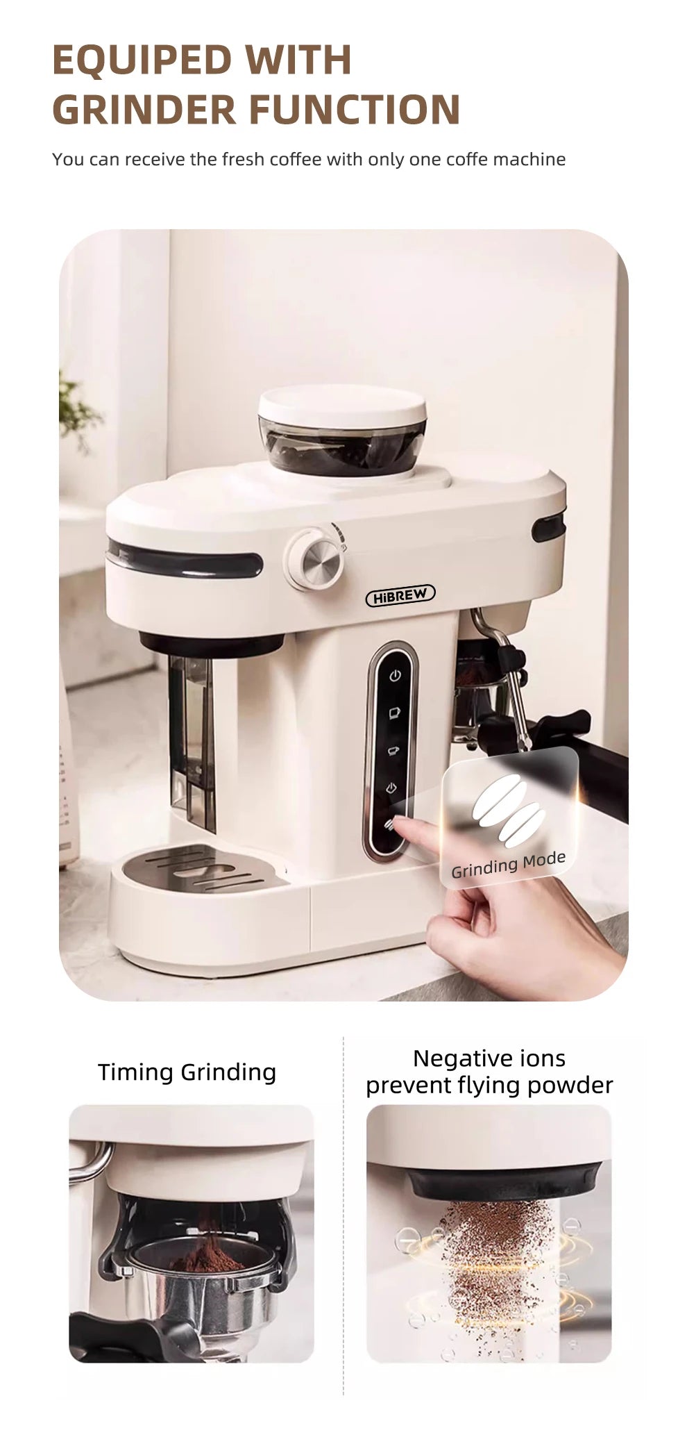 HiBREW 20 Bar Semi Automatic Espresso Coffee Maker With Grinder Bean For Cappuccino and Latte Milk Frothing System Machine H14