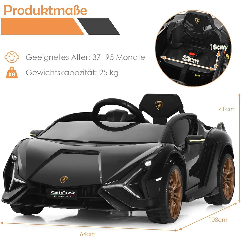 12 V Lamborghini Children's Electric Car, with 2.4 G Remote Control, with Radio, Music and LED Headlights, for Age 3–8 Years