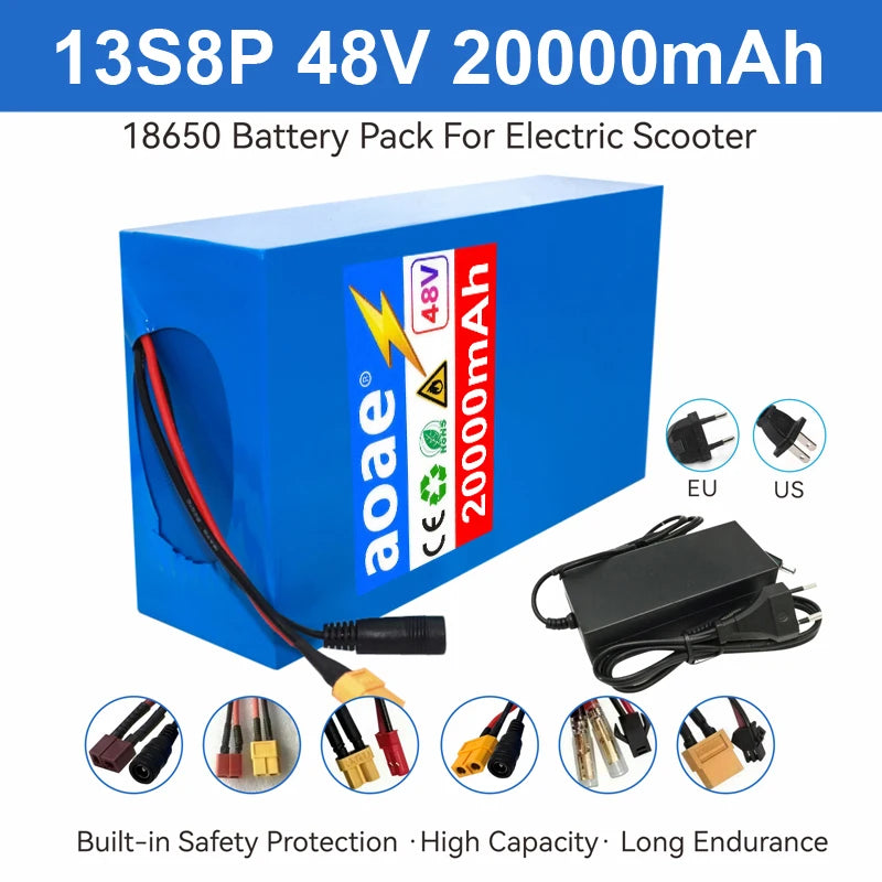 48V Battery Electric Scooter 13S8P 20Ah 18650 Grade-A Cells Battery Pack 2000W Built-in 50A BMS Long Range Safe & Durable