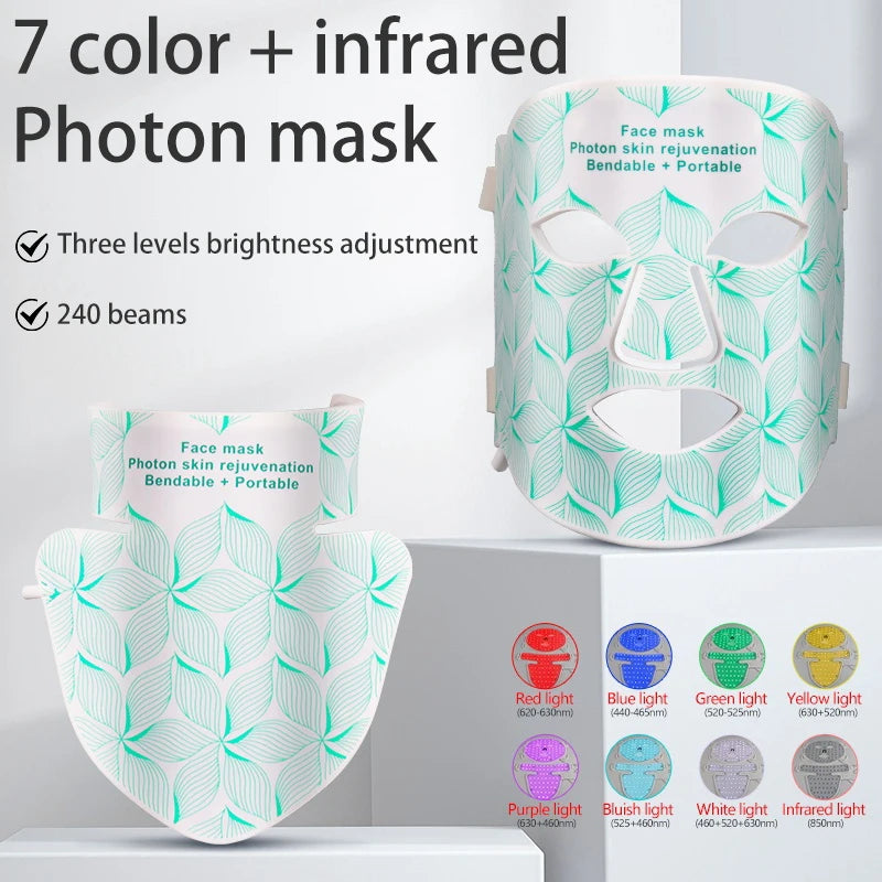 7 Colors + Infrared LED Face Mask and Neck Red Light Therapy Anti Aging Wrinkle Acne Pore Oil Control Skin Tighten Whiten