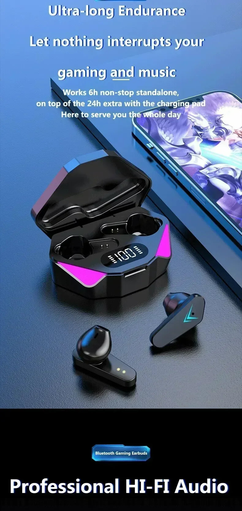 TWS Gaming Earbuds Wireless Bluetooth Earphones With Mic Bass Audio Sound Positioning 9D Stereo Music for all smartphones