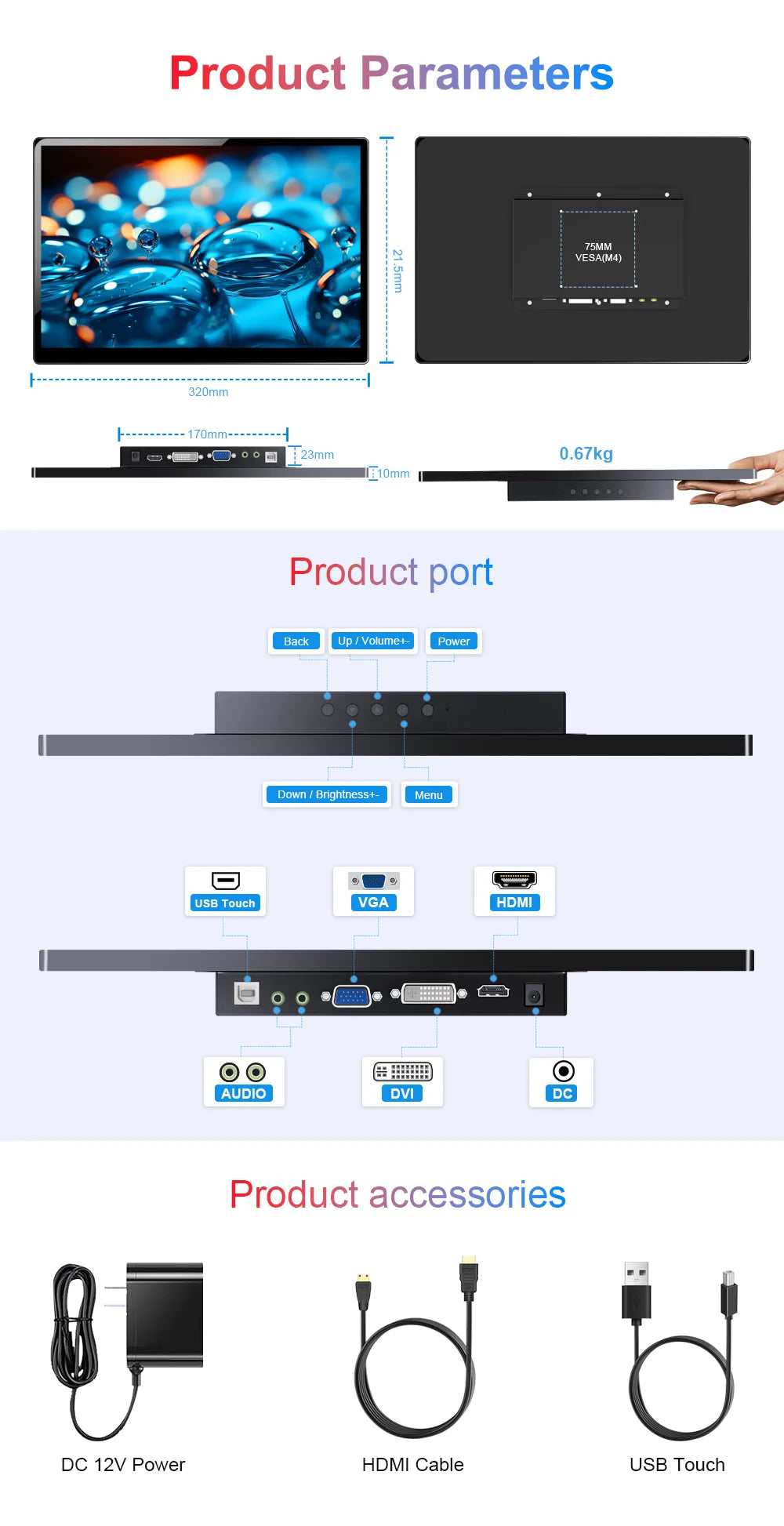 14 inch Portable Monitor Touch Screen with 1920X1200 IPS Office Computer Second Display for Laptop Phone CCTV DIY Car Syteam