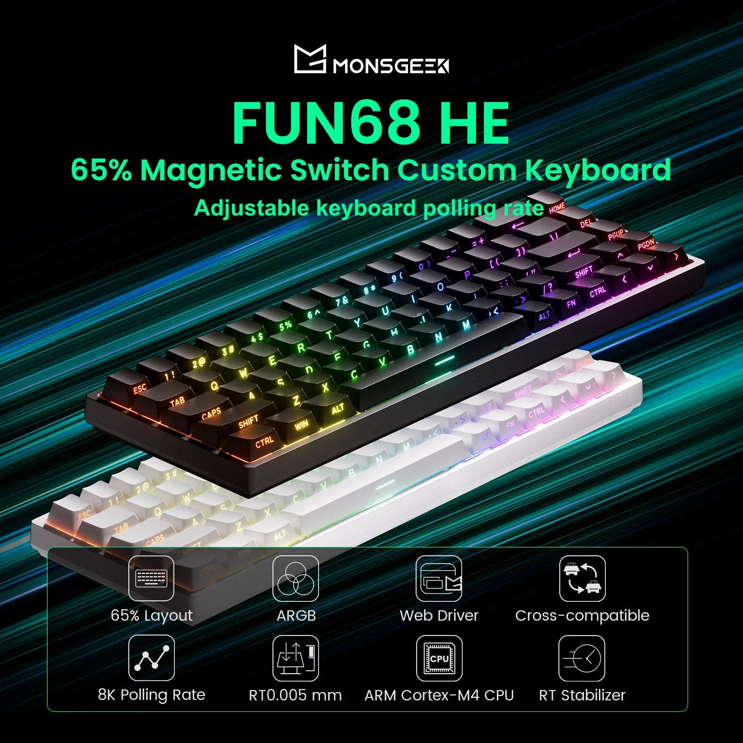 MonsGeek FUN68 HE Mechanical Keyboard 65% Magnetic Switch Rapid Trigger 0.005mm 8K ARGB Type-C/2.4g&BT Wireless Gaming Keyboard