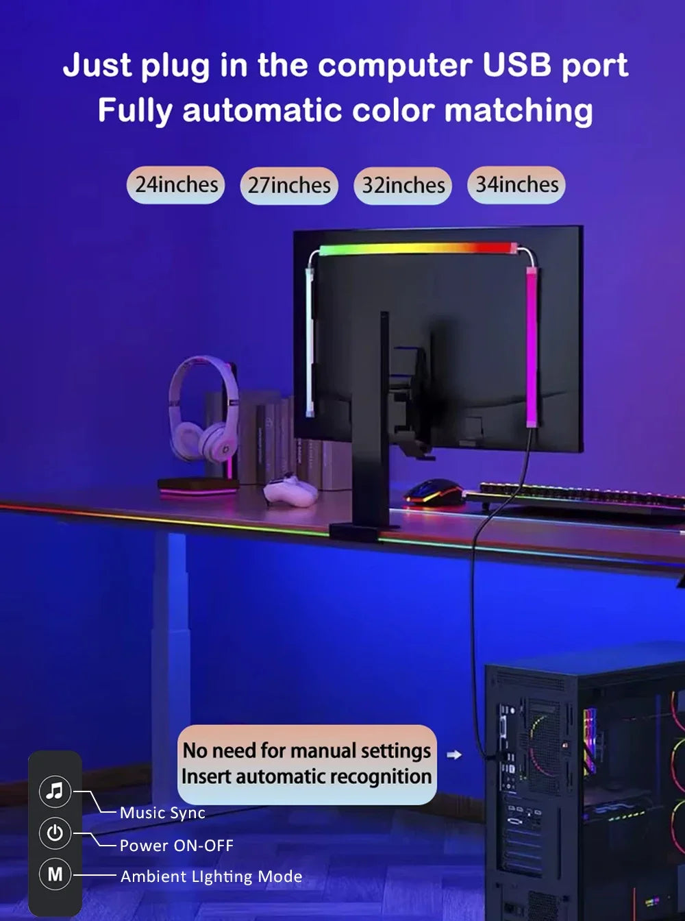 USB Computer Sync Light Strip PC Strip Lights 24 27 32 34 Inch Monitor RGB Screen LED Backlight for Gaming Room Atmosphere Decor