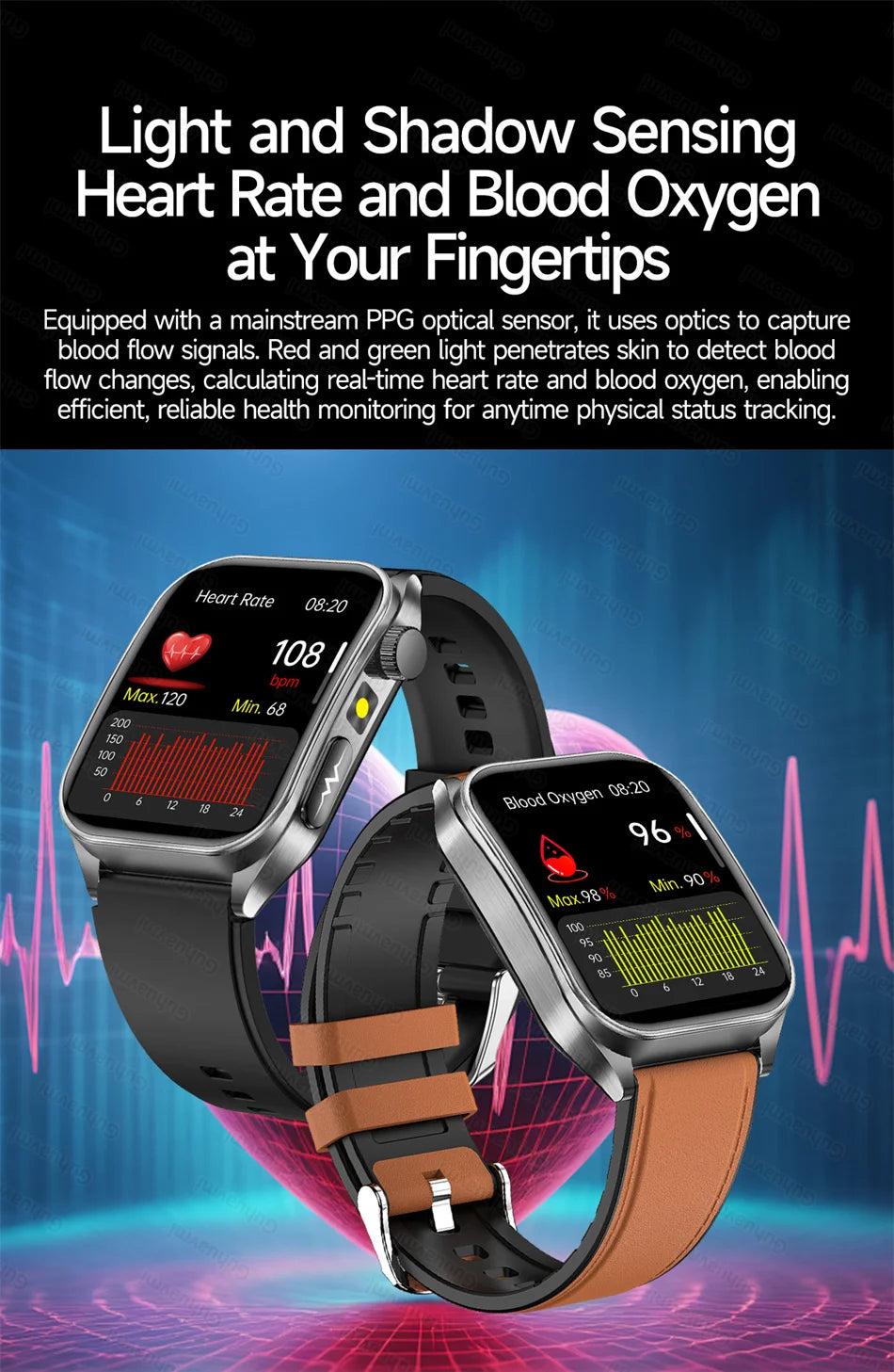 Smart Watch 650nm Dual probe laser health conditioning Blood oxygen Pressure Uric Acid Blood lipid ECG Smartwatch for Man Women