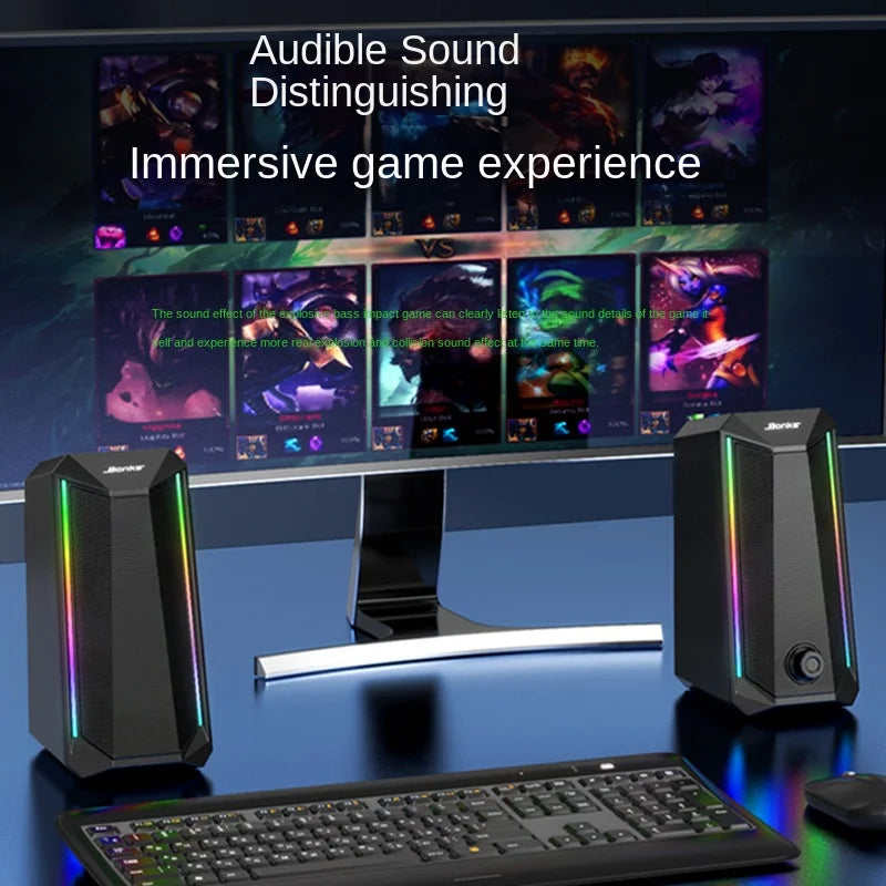 Desktop Speakers, 2.0 Channel PC Computer HiFi Stereo Gaming Speaker with Colorful LED Light Modes, Enhanced Bass and Easy-Acces