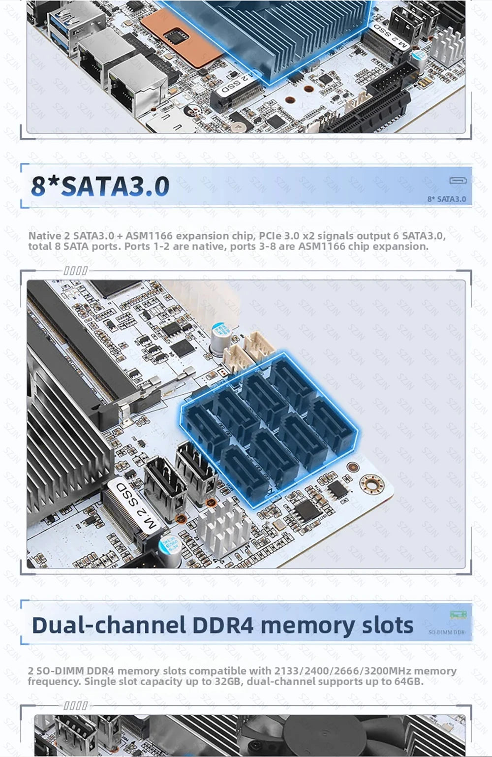 Nas Set Motherboard CPU Combo with Onboard I5-8265U ES Processor DDR4 8-32G 2400MHz Support 8*SATA3.0 2*M.2 NVME Low Power