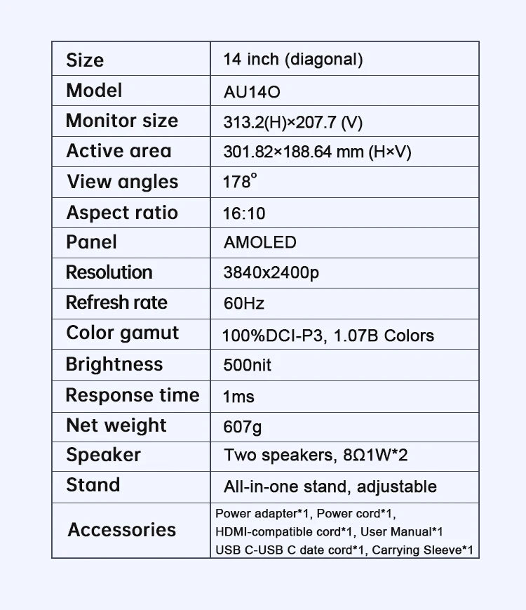 14'' 4K OLED Portable Monitor 16:10 3840*2400p 500Nits USB-C HDMI-Compatible External Gaming Monitor for PS5 Switch Laptop MacOS