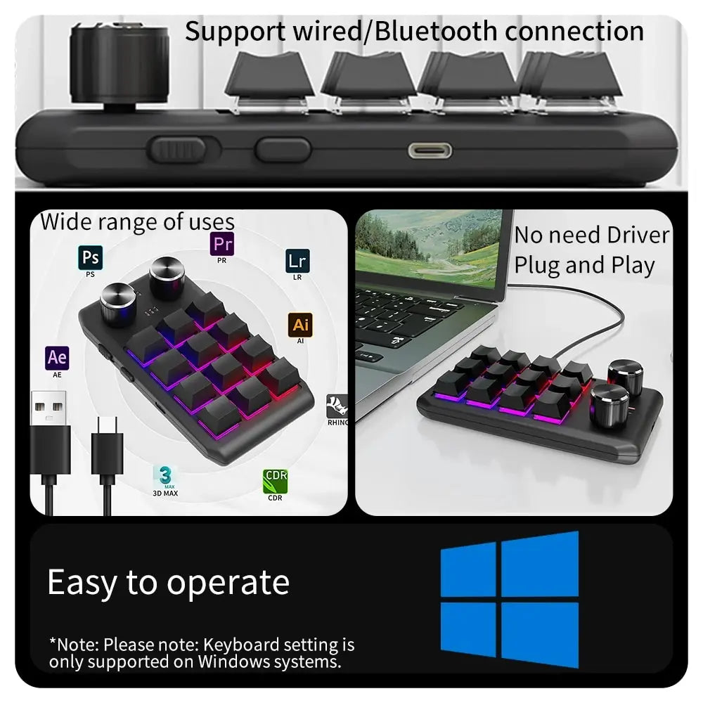 12 Keys 2 Knob Custom Mechanical Keyboard 3 Modes Bluetooth 2.4G Macro Programming Keyboard Hot-swapping Keypad for Gaming PS