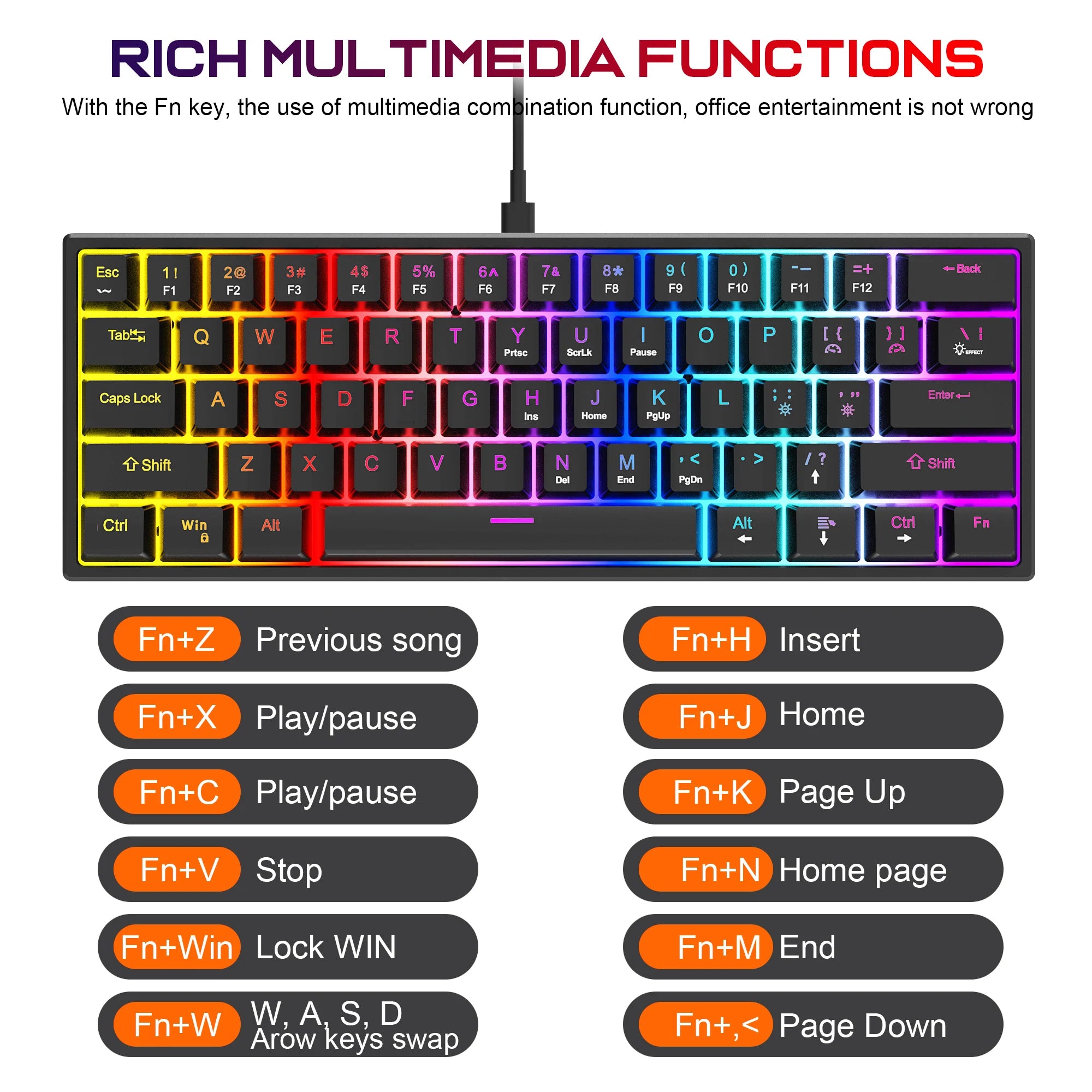 61 Keys Mechanical Keyboard Wired Gaming Keyboard Portable Ergonomics Keyboard Hot-Swappable RGB Backlit Cyan Axis Keycap For PC