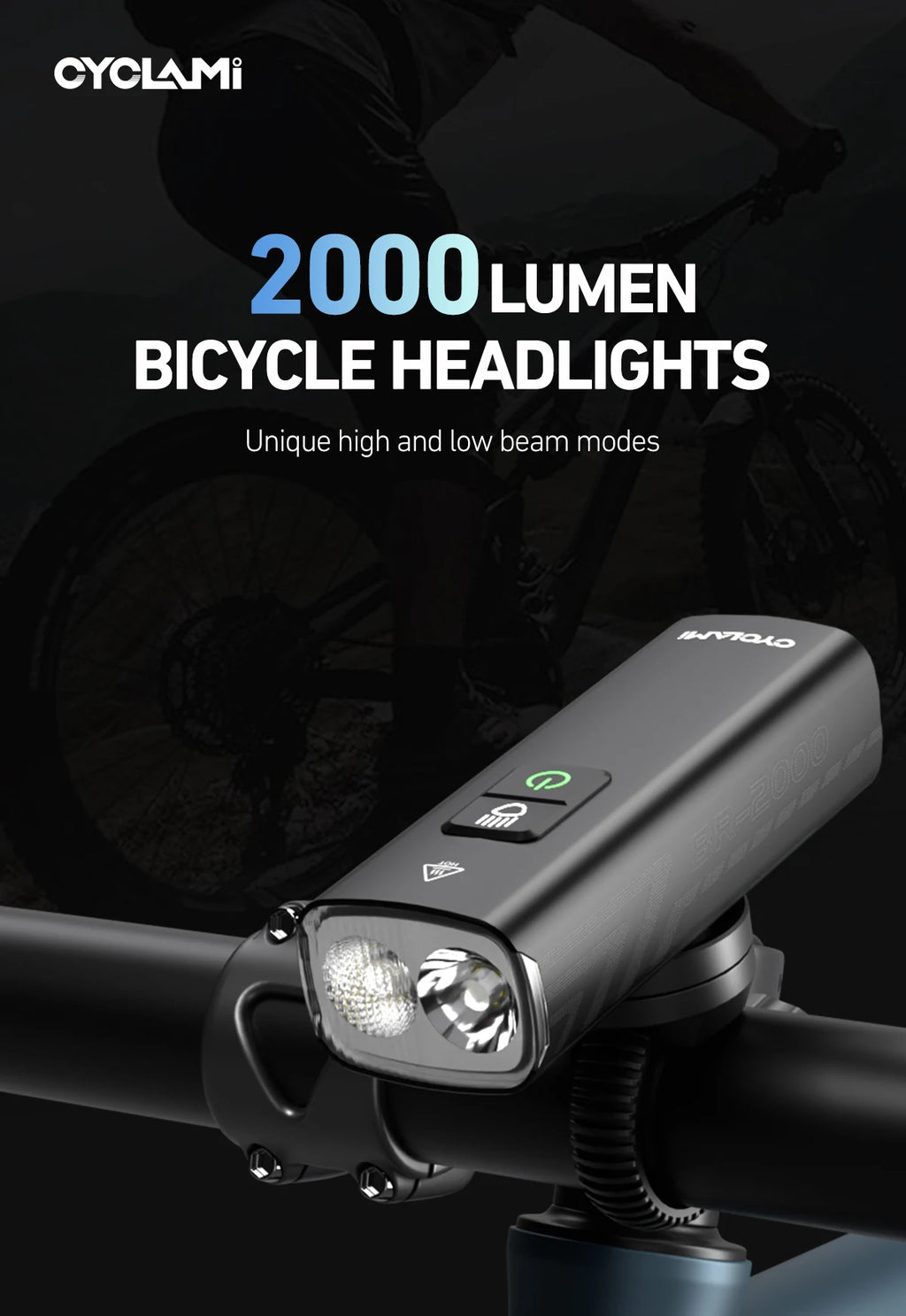 2000 Lumens CYCLAMI Bike Headlight Bicycle Flashlight Handlebar Type-C MTB Road Highlight BR2000 Front Lamp Light Aluminum Alloy