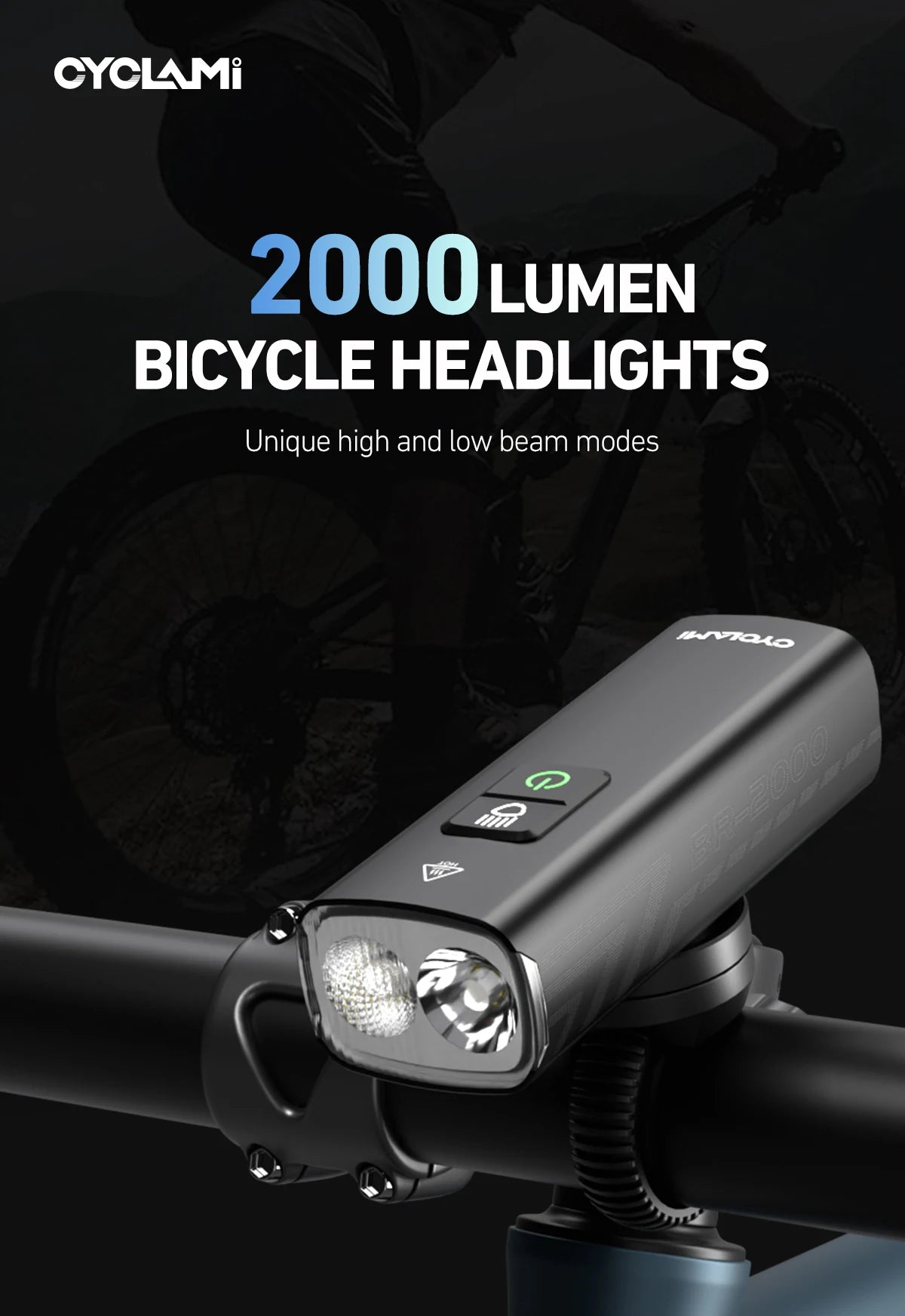 2000 Lumens CYCLAMI Bike Headlight Bicycle Flashlight Handlebar Type-C MTB Road Highlight BR2000 Front Lamp Light Aluminum Alloy