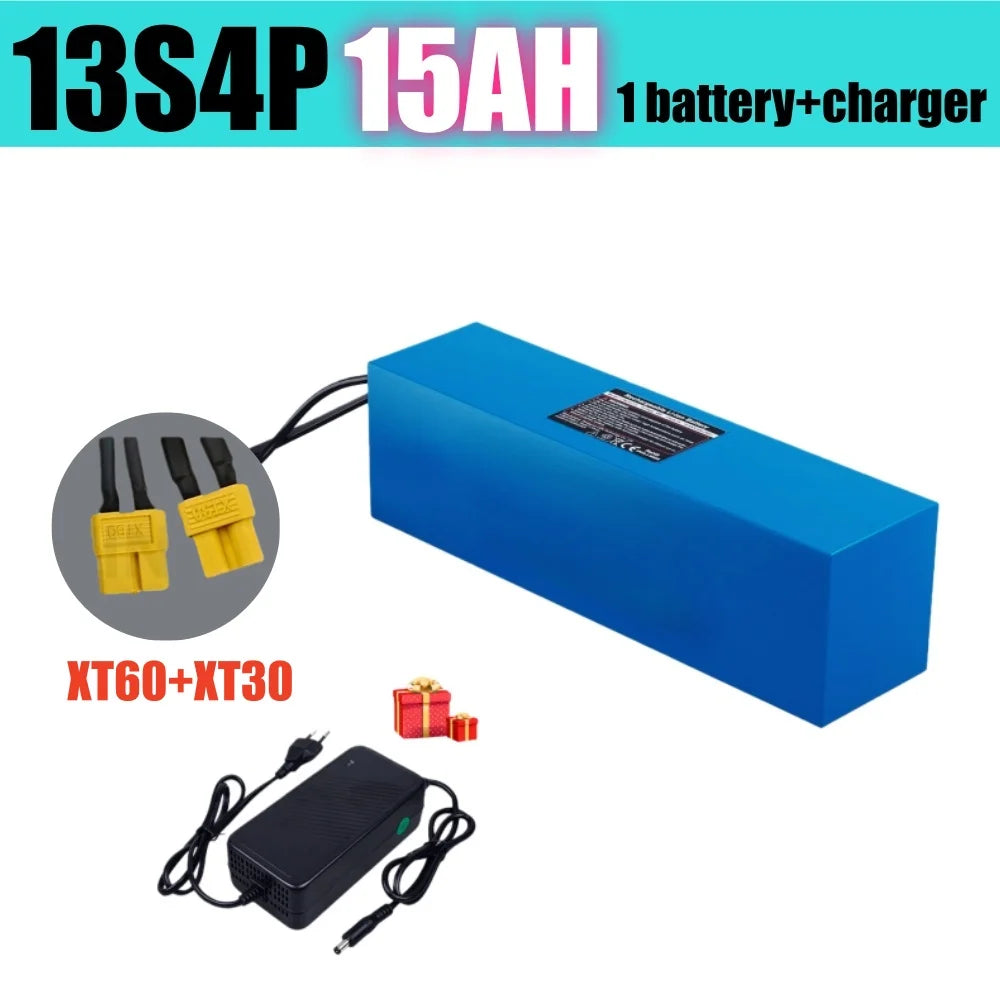 13S4P 48V 15Ah battery pack with 30A BMS, suitable for 48V250-1500W motor XT60 connector lithium ion battery 18650.00