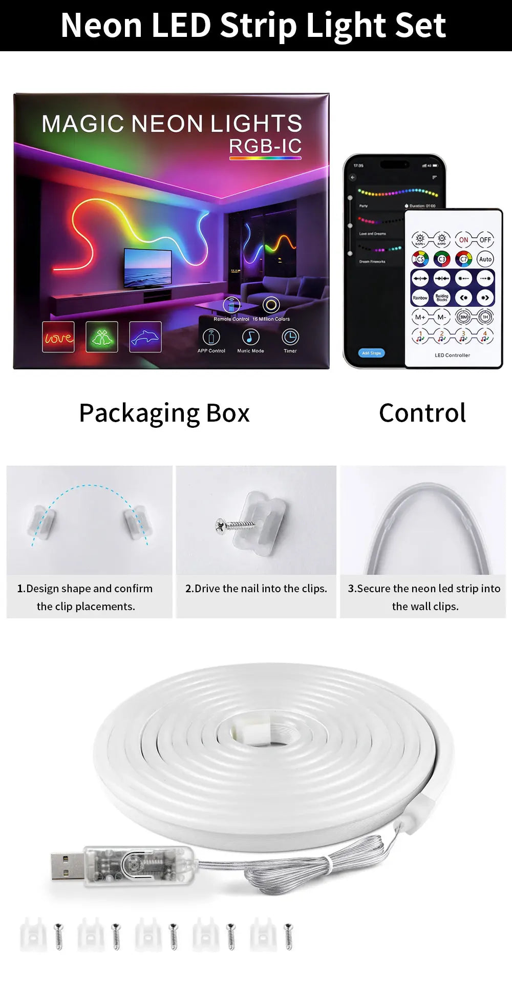 LED Neon Light Strip RGBIC USB with Bluetooth APP Control Music Sync Waterproof Flexible Suitable for Game Room Party Decoration