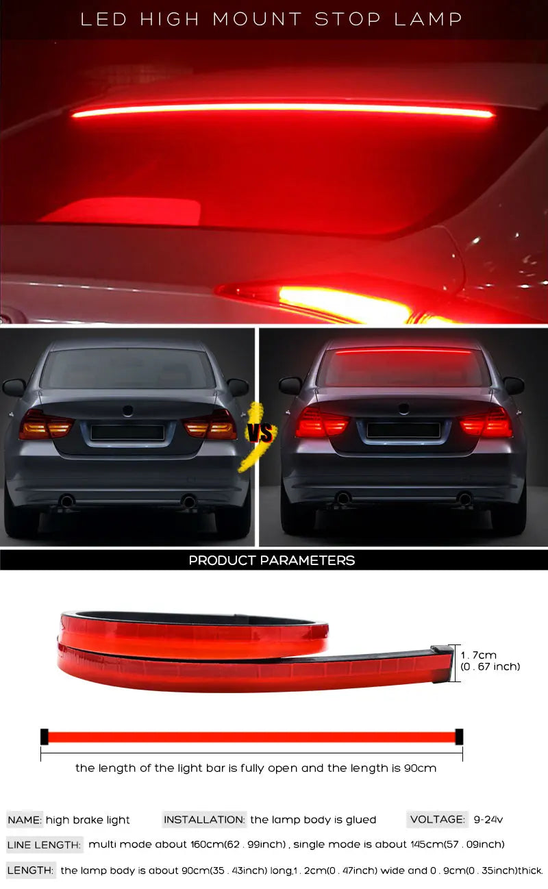 Car LED Brake LED Strip LightWaterproof Tailgate Strip Warning Strobe Emergency Flashing Driving Brake Turn Signal Lamp