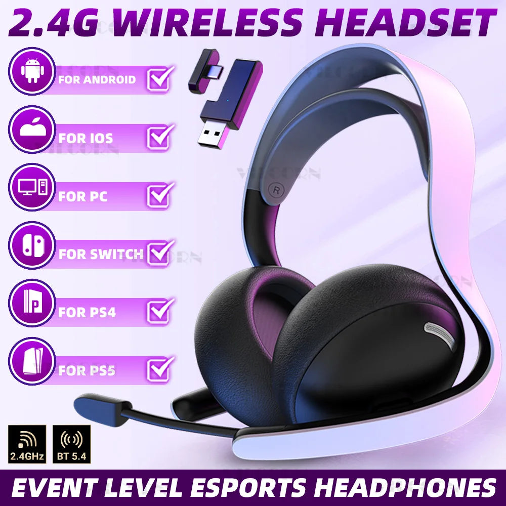 2025 Wireless Gaming Headset with Microphone For PS5 PS4 Switch Mobile PC E-sports noise-canceling Headphones 7.1Surround Sound