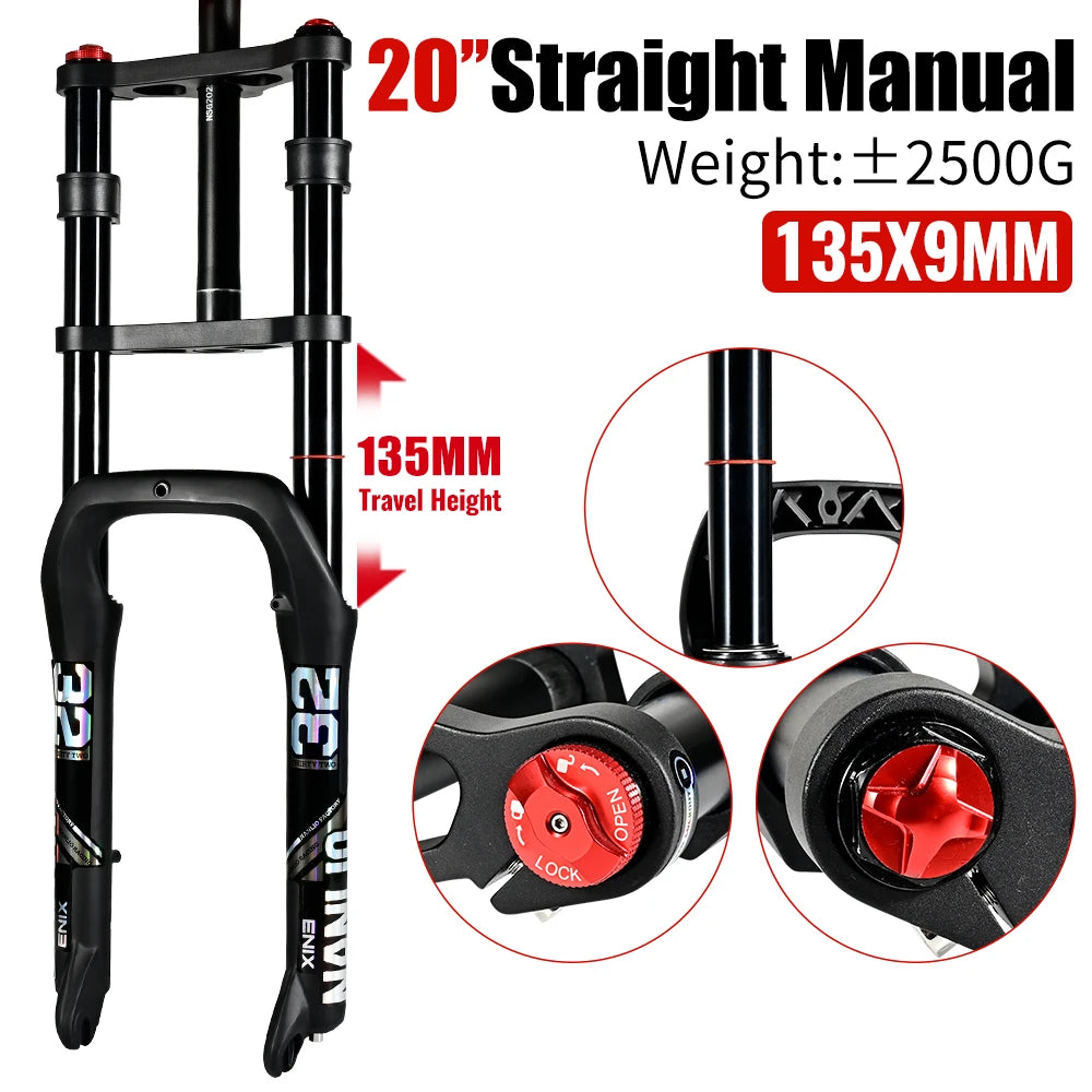 Nanlio Double Shoulder Snow Fork 20/26x4.0 Inch Fat Tire Air Suspension34mm Tube 135mm Hub Width for E-Bike MTB Electric Bicycle