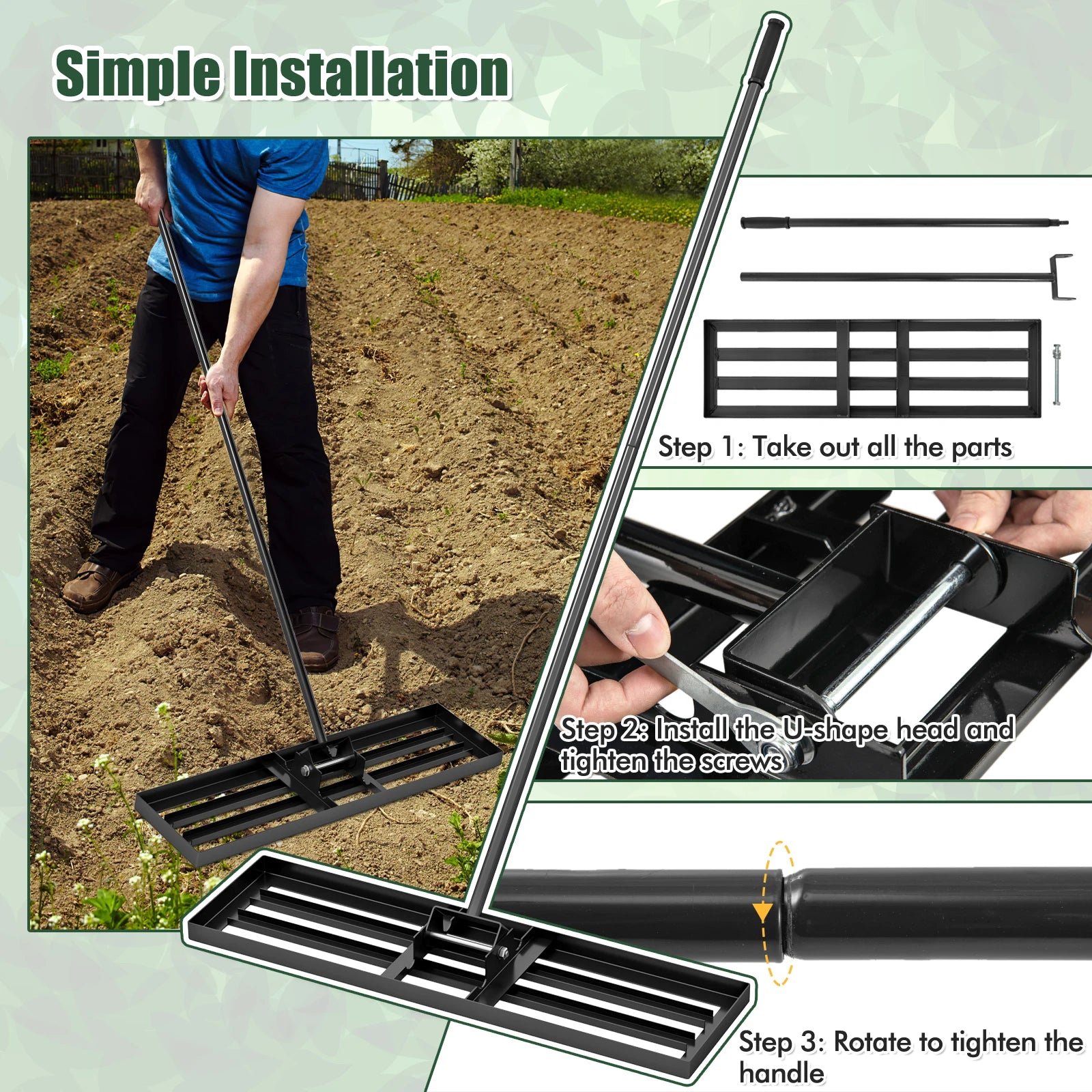 Lawn Leveling Rake Metal, Lawn Rake with Ergonomic Handle, Leveling Sand Soil, Rake Surface Leveler, Lawn Tool