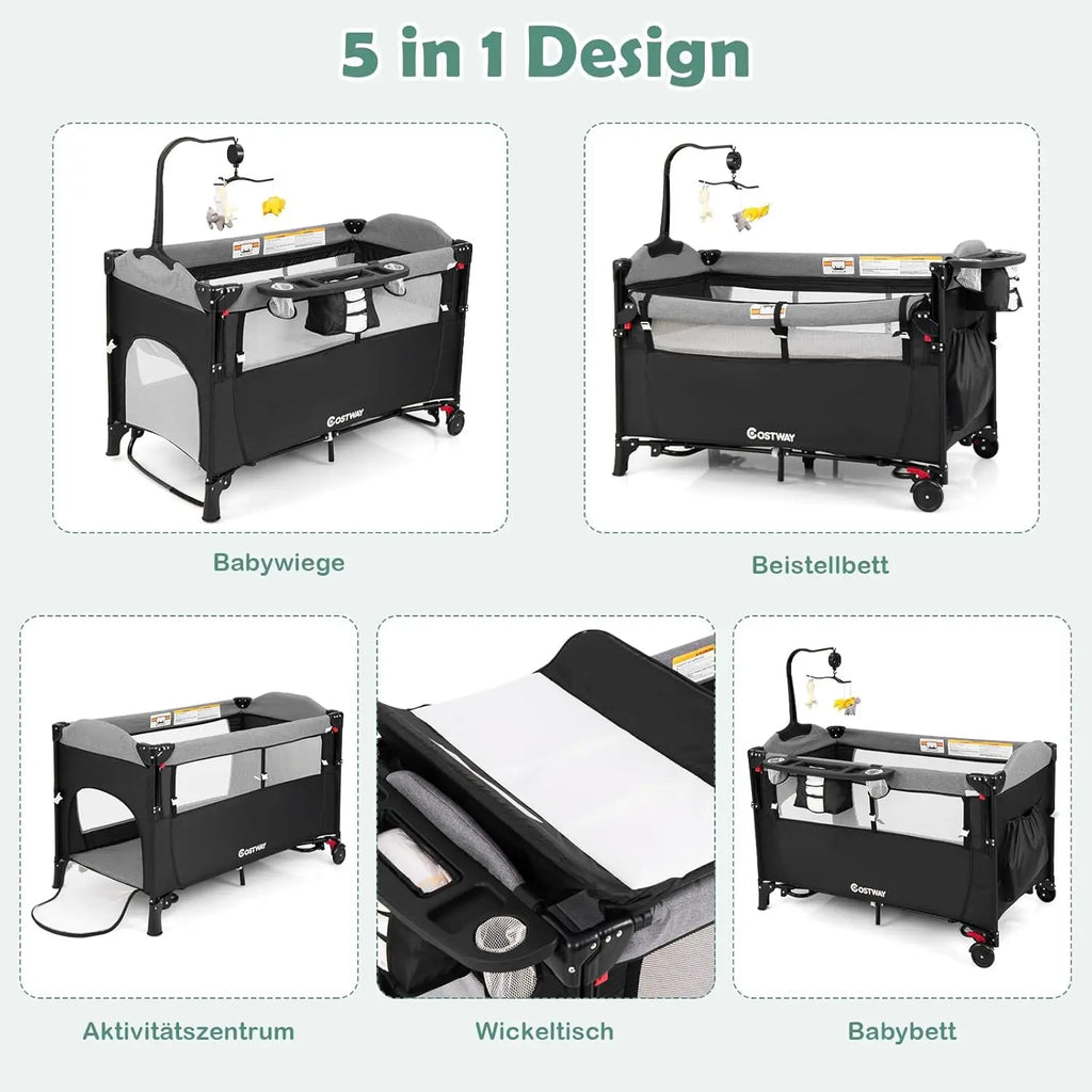 5-in-1 Baby Cot 120 x 60 cm, 2 Level Travel Cot with Mattress, Changing Mat, Toys, Music Box & Carry Bag, Foldable Side