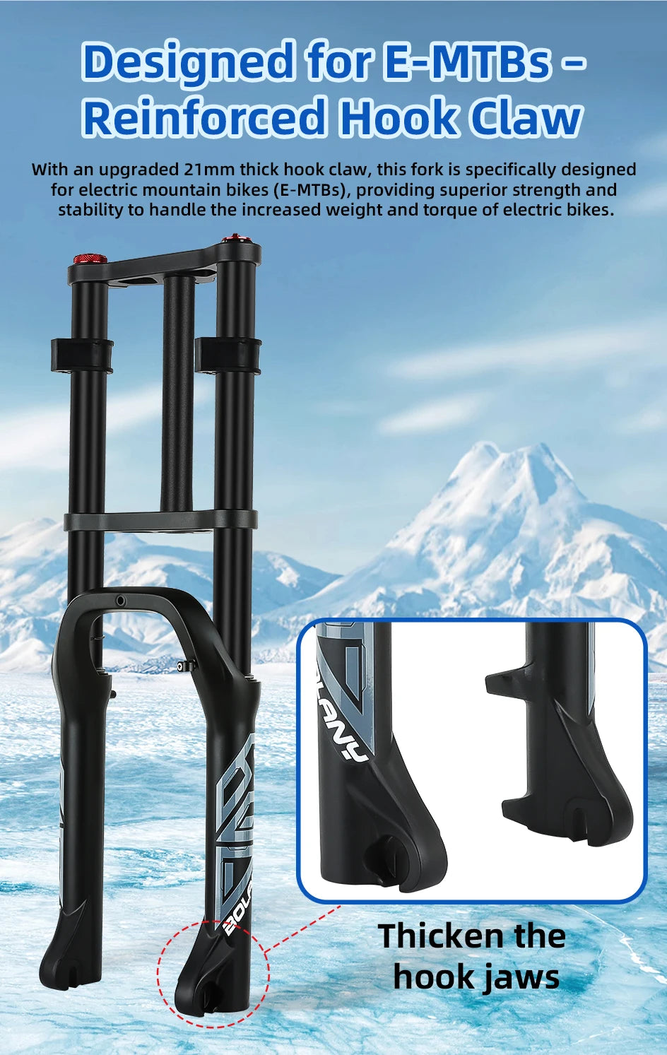 BOLANY Bicycle Snow Front Fork 20 inch 26 inch 4.0 Tire MTB Bike Fork 110mm Travel Double Shoulder Air Supension for E-Bike