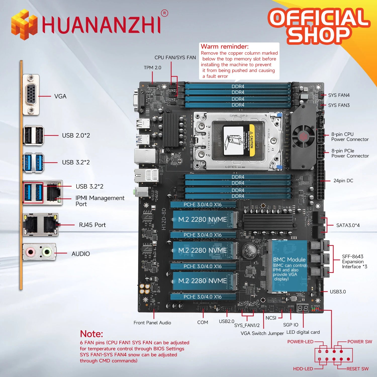 HUANANZHI H12D 8D AMD  Motherboard with BMC module support AMD EPYC 7002 7003 series CPU 8 channel memory Dual 2.5G network